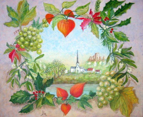 Composition style assiette, dcorations autour du thme Les Andelys en Hiver.