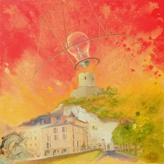 Lampadaire, abat jour electrique, rechauffement climatique, lumire Chateau de La Roche-Guyon evoqu pour le COP 21 et le festival csarts fete de la planete a Nucourt, Val d'Oise