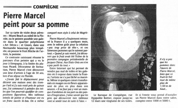 Pierre Marcel peint pour sa pomme. Le Courrier Picard, le 28 janvier 2003
